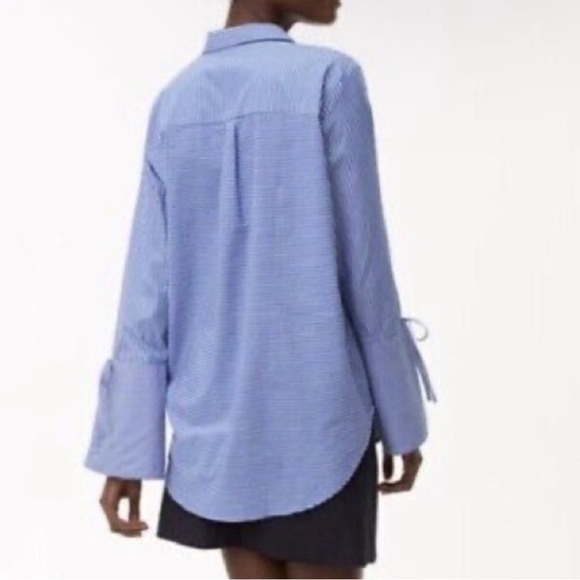 Loft Pin Stripe Bell Sleeve Button Front Blue White Top - Picture 3 of 17